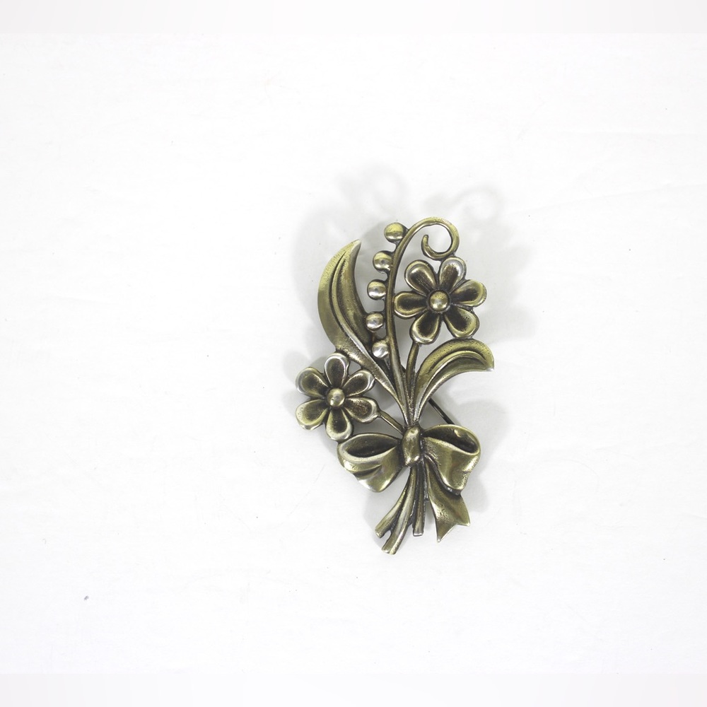 Vintage Sterling Silver Floral Bouquet Brooch Flowers Ribbons, Large, Heavy Pin
